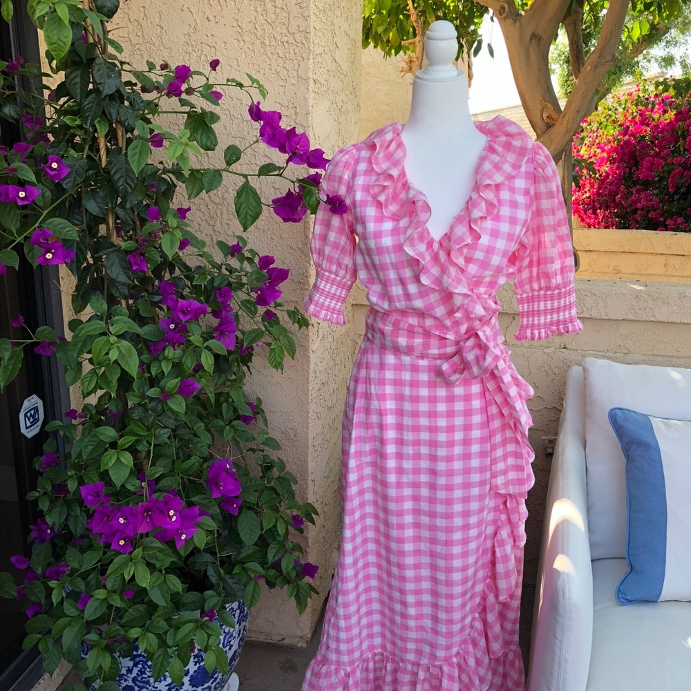 J Crew Pink and White Gingham Wrap Blouse